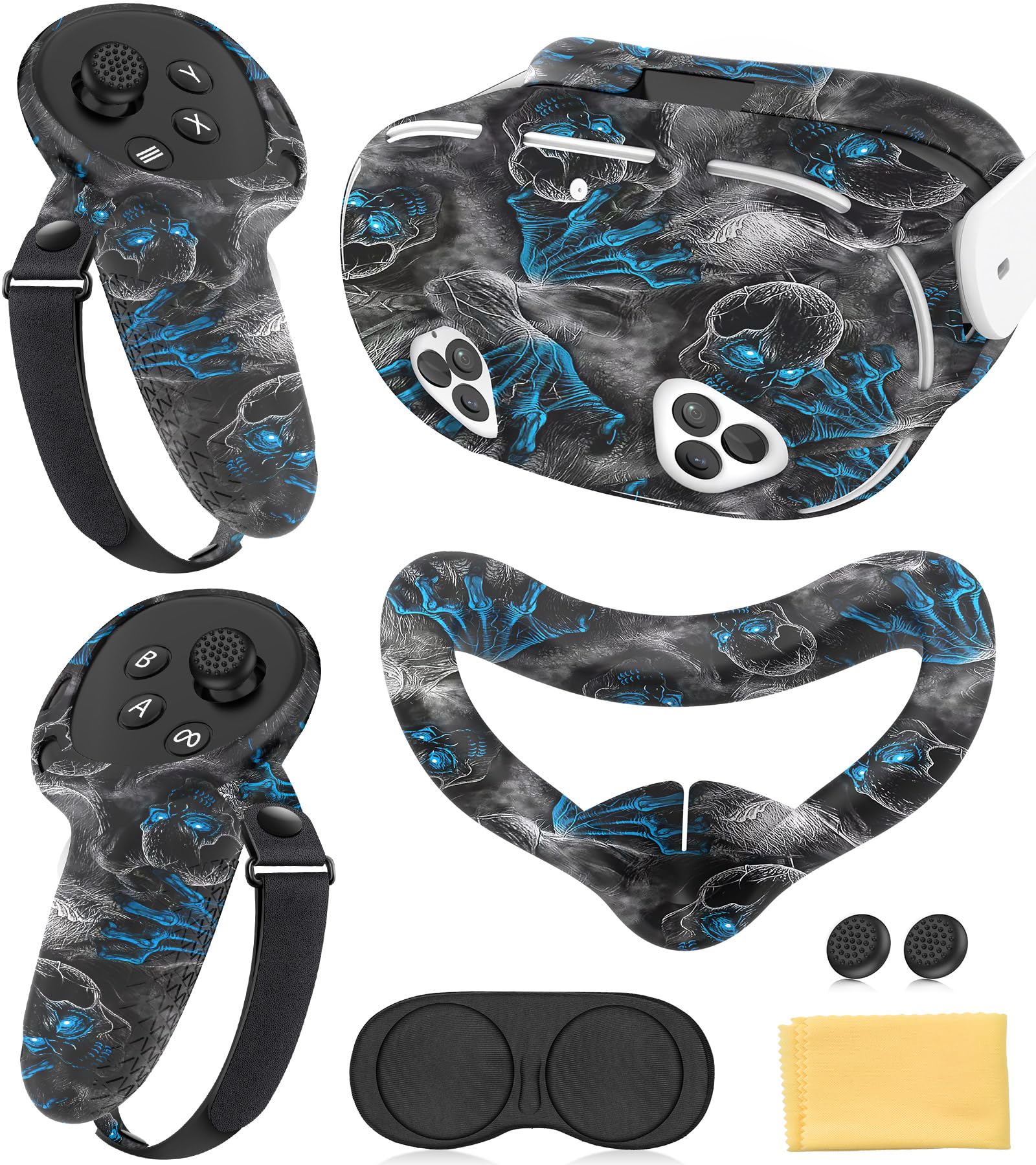 Silicone Cover Set Compatible with Meta/Quest 3S Accessories  Controller Grips  VR Protector Face & Front Shell Headset Cover and Lens Protective Cove-r (Illusion Black)