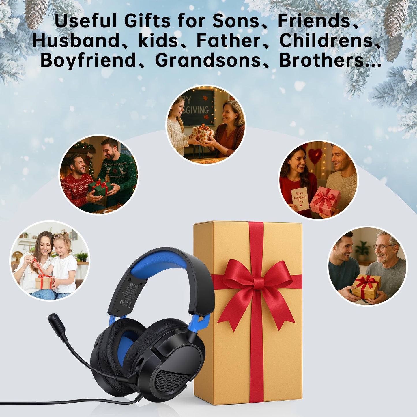 Rumoon Gaming Headset, CM7009 Model, 3.5mm Splitter, Clear Mic, Blue, Compatible with PS5/PS4/Xbox/PC, 207g,