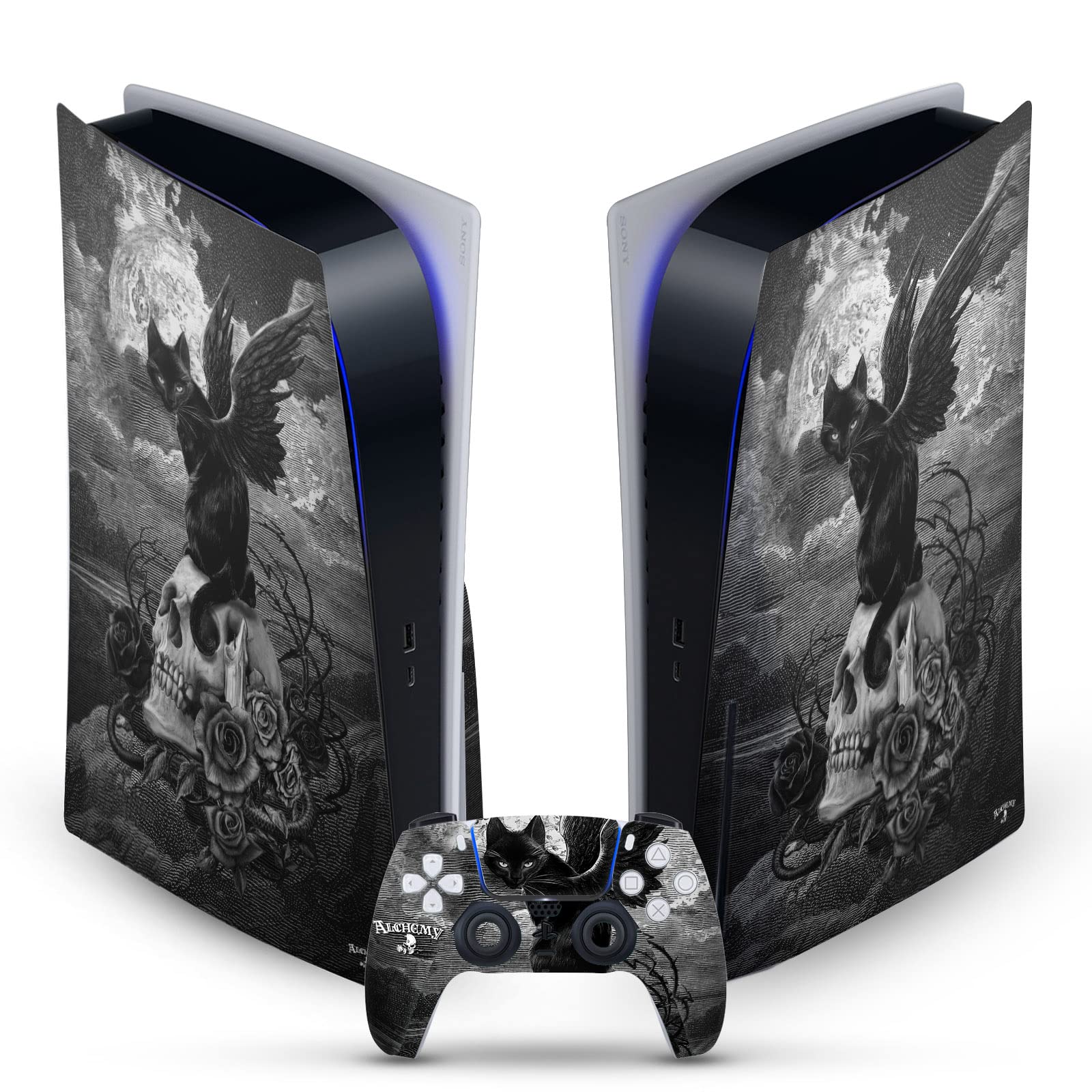 Head Case Designs Officially Licensed Alchemy Gothic Nine Lives Of Poe Skull Cat Gothic Vinyl Faceplate Gaming Skin Decal Compatible With Sony PlayStation 5 PS5 Disc Console & DualSense Controller