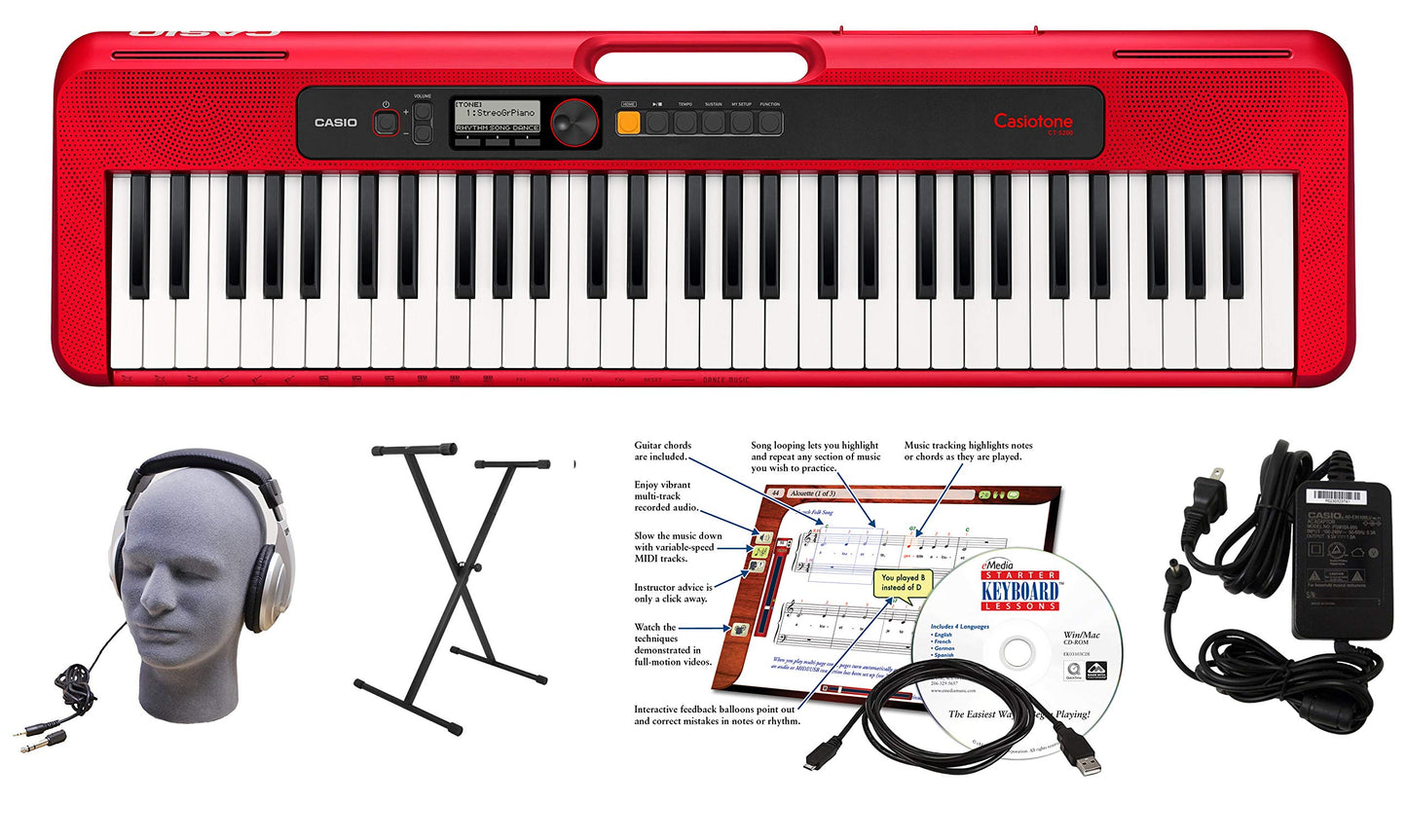 Casio CT-S200RD 61-Key Premium Keyboard Package with Headphones  Stand  Power Supply  6-Foot USB Cable and eMedia Instructional Software  Red (CAS CTS200RD EPA)