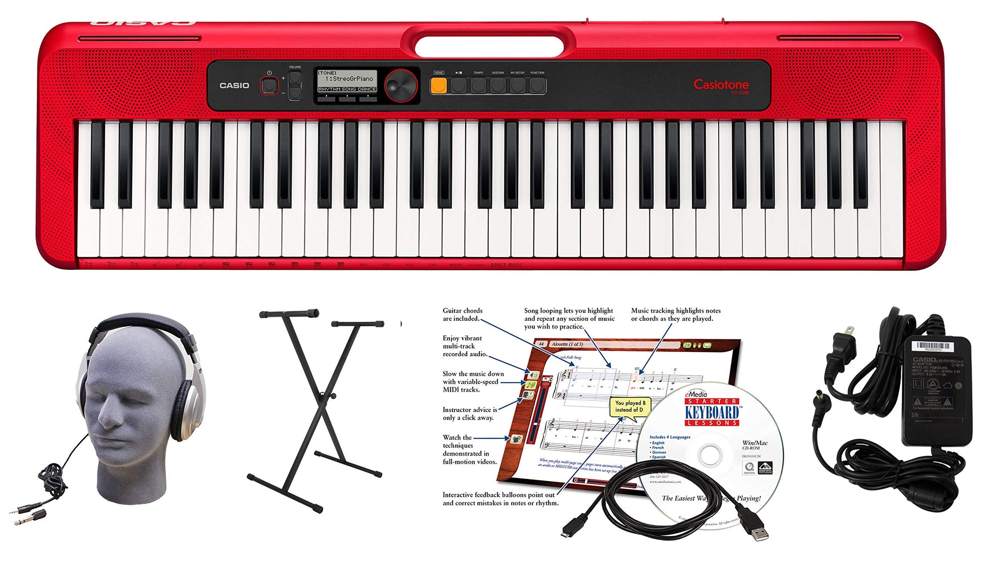 Casio CT-S200RD 61-Key Premium Keyboard Package with Headphones  Stand  Power Supply  6-Foot USB Cable and eMedia Instructional Software  Red (CAS CTS200RD EPA)