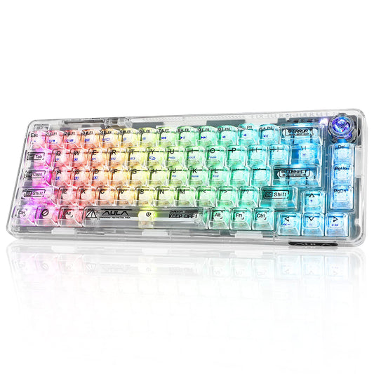 CC MALL 60% Transparent Mechanical Keyboard with Clear Keycaps Gasket Hot Swappable Custom Wireless Keyboard RGB Backlit Gaming Keyboard 2.4G/Type-C/Bluetooth Mechanical Keyboard(White)
