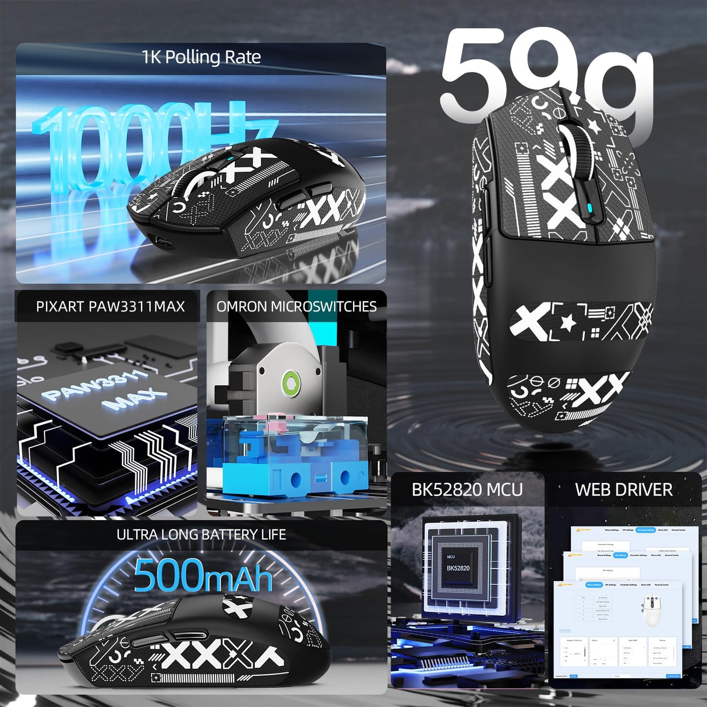 ATTACK SHARK G3PRO Wireless Gaming Mouse - RGB Dock, 25K DPI, 1K Polling Rate, Ultra Lightweight 59g, Black & Griptape