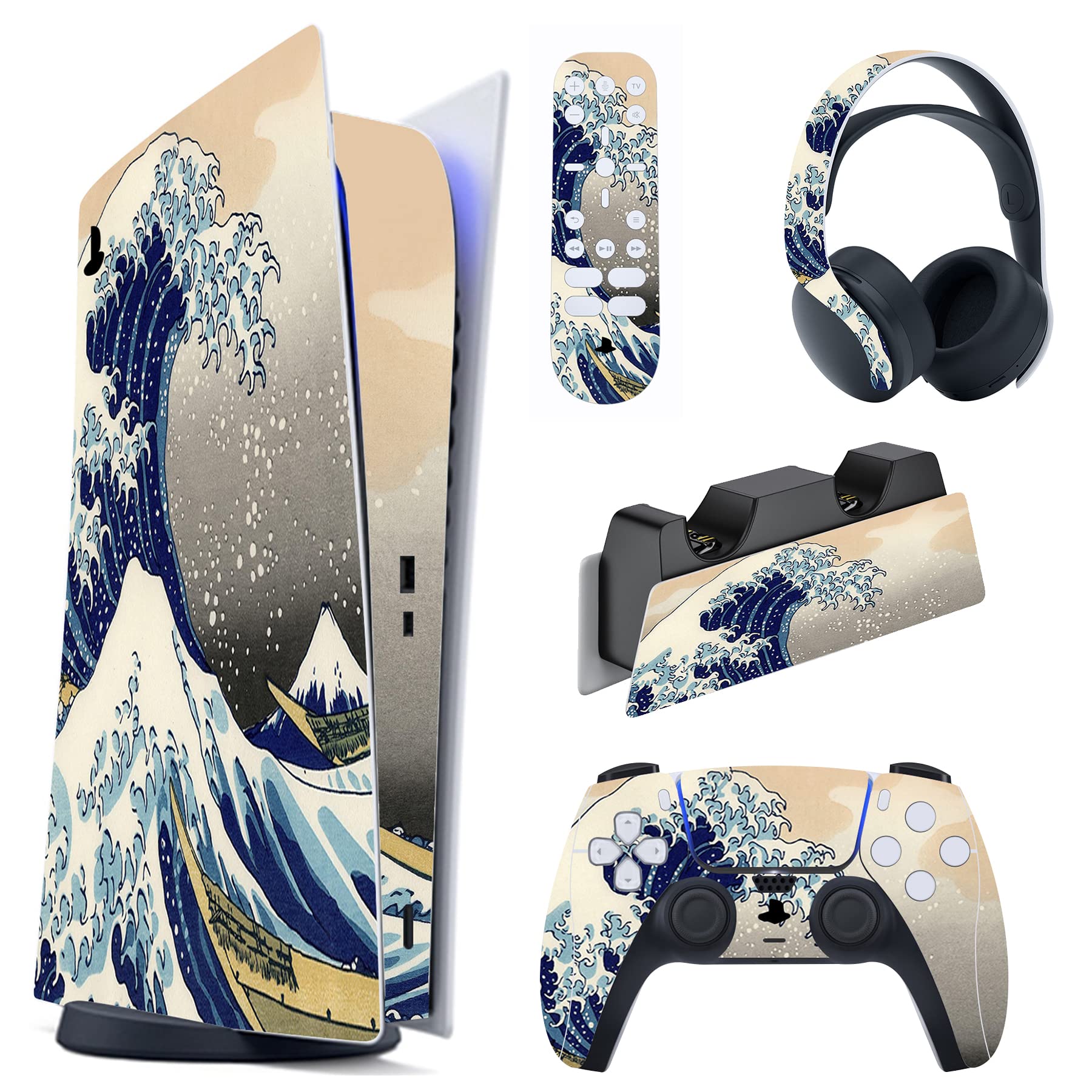 PlayVital Great Wave Dual Side Full Set Skin Decal for PS5 Console Digital Edition  Sticker Vinyl Decal Cover for PS5 Controller & Charging Station & Headset & Media Remote