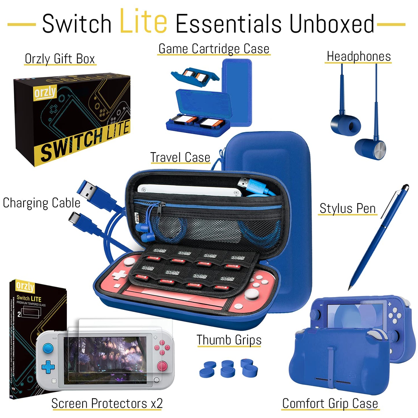 Orzly Switch Lite Accessories Bundle - Case, Screen Protector, USB Cable, Headphones, Comfort Grip - New Blue, Model: Ad-bm1-121898