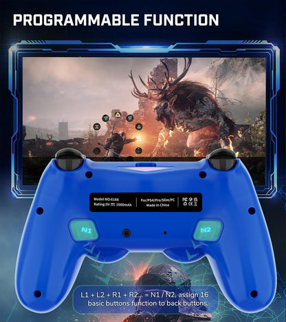 TJPD Wireless Controller for PS4/Pro/Slim & PC - Blue, 2 Programmable Rear Buttons, RGB Lighting, 1000mAh Battery, Model 6166