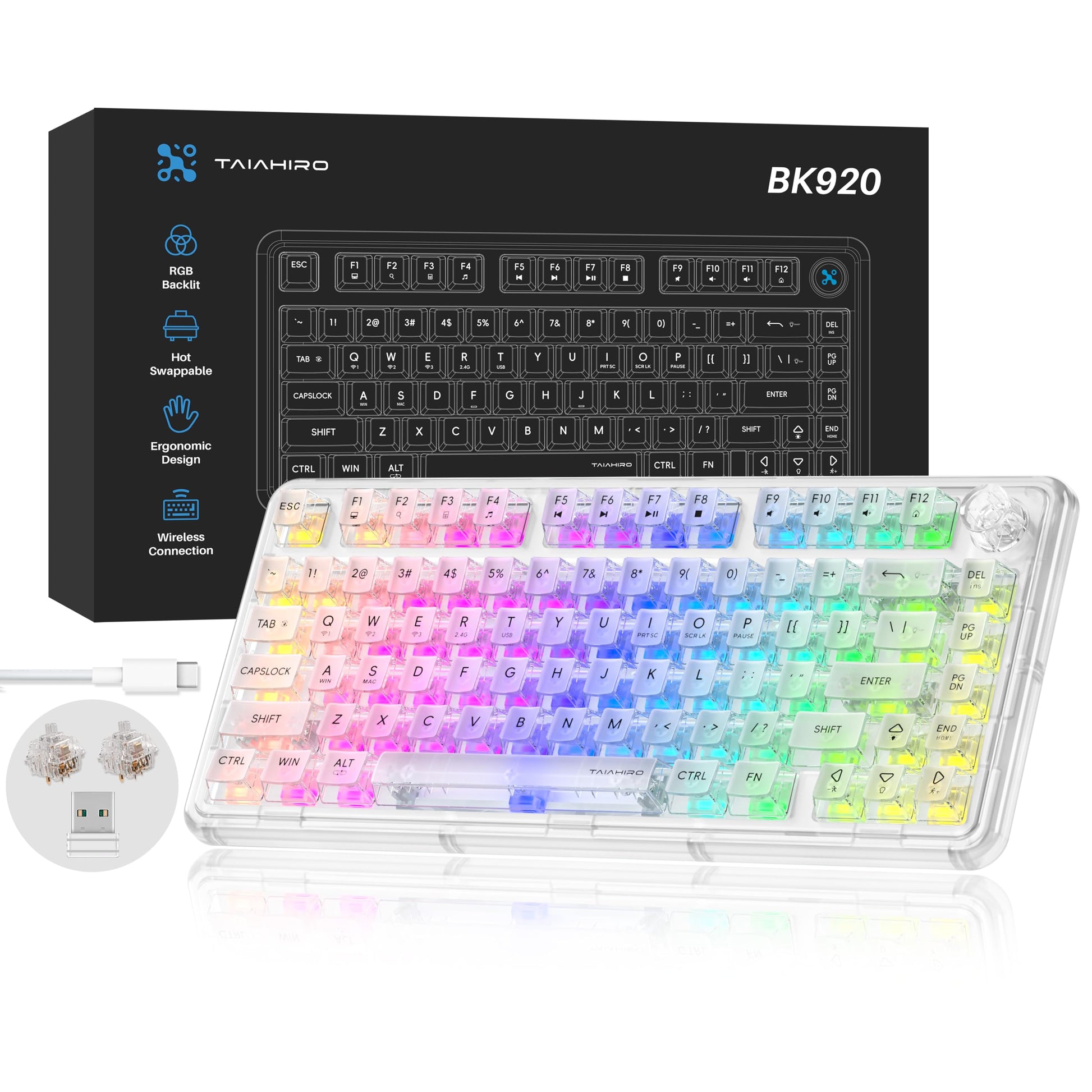 Transparent Mechanical Keyboard  RGB Backlit Wireless Creamy Gaming Keyboards  Hot Swap Customizable Clear Acrylic Design  80-Key Quiet Linear Switches  3 Modes BT5.0/2.4G/USB-C 4000mAh Battery  White