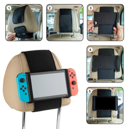 Cosmos Car Headrest Mount Holder for Nintendo Switch & Mini Tablets, Black, Model 1201, Silicone Material