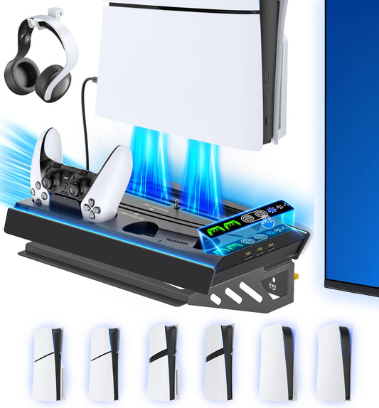 PS5 Wall Mount Kit with Charging Station for Edge & Dual Controller  9 Light Modes PS5 Cooling Station with 3-Level Fan  PS5 Pro Stand Wall for PS5/Slim/Pro Disc&Digital  PS 5 Accessories Shelf Mount