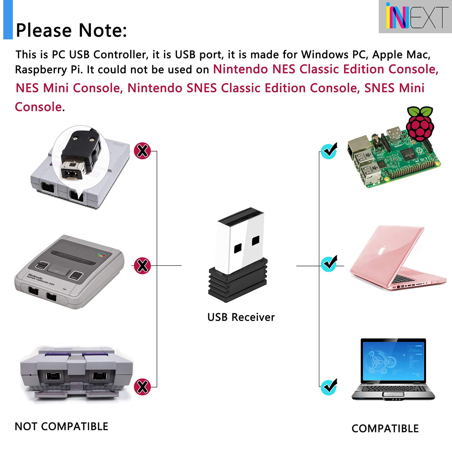 iNNEXT Wireless USB SNES Controller - Retro Gamepad for PC, MAC, Linux, Raspberry Pi - Rechargeable, Grey - Plug & Play, 2.4 GHz