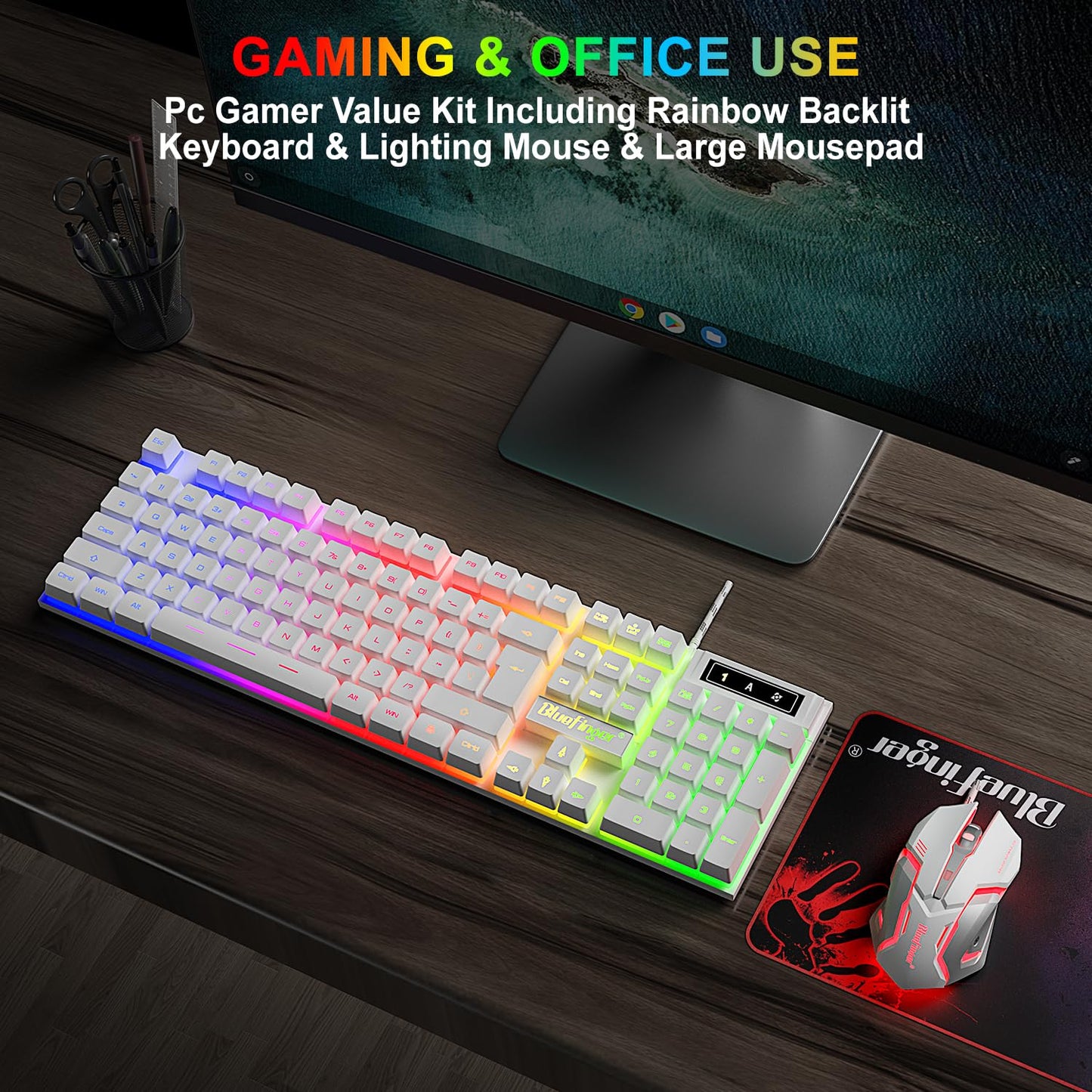 BlueFinger RGB Gaming Keyboard & Mouse Combo, USB Wired, LED Backlit, White