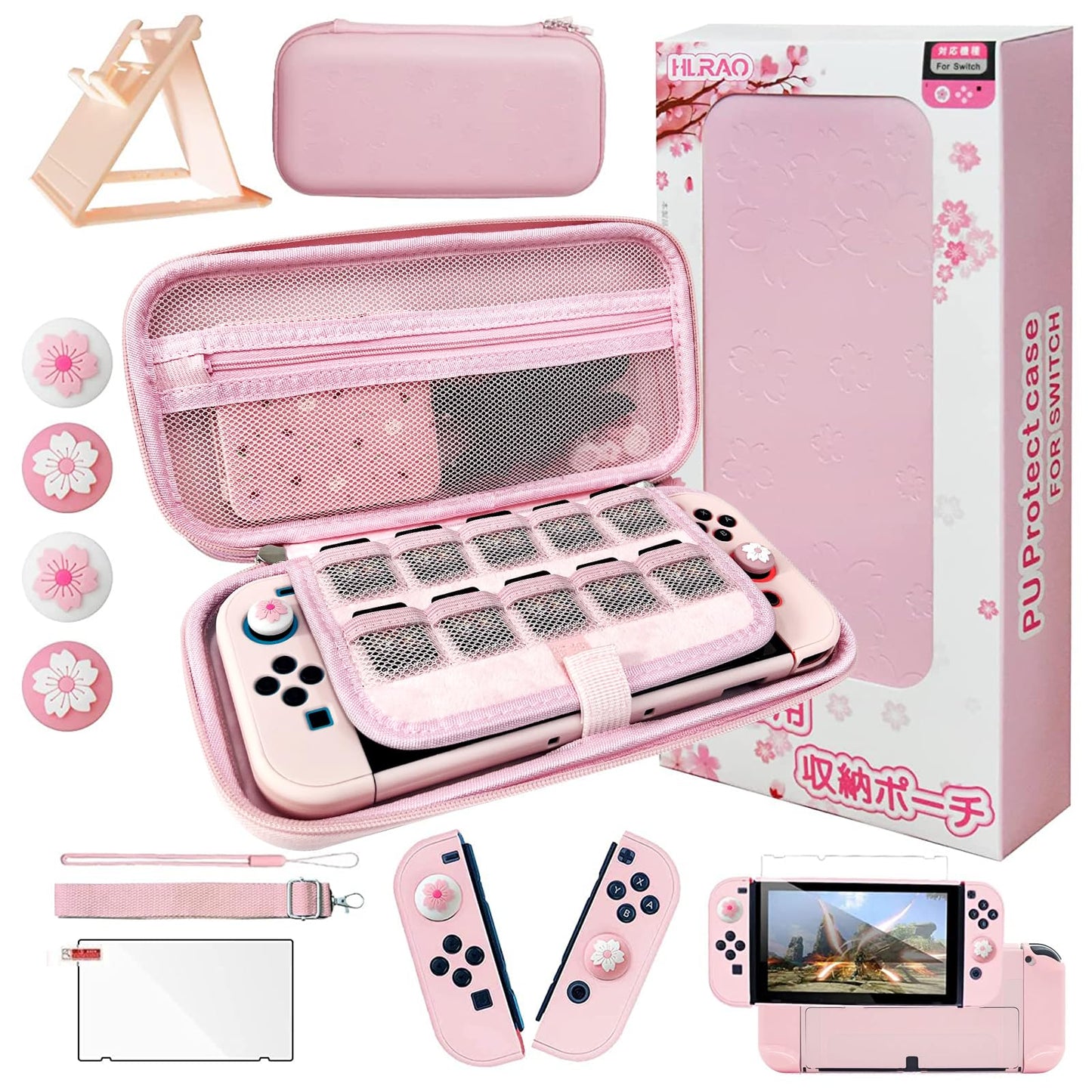 HLRAO Pink Tpartyl Carrying Case Accessories Kit Compatible with Nintendo Switch OLED.Pink Switch OLED Hard Protective Cover Adjustable Stand Screen Protector & Cute Thumb Grips 10 in 1 Gift.