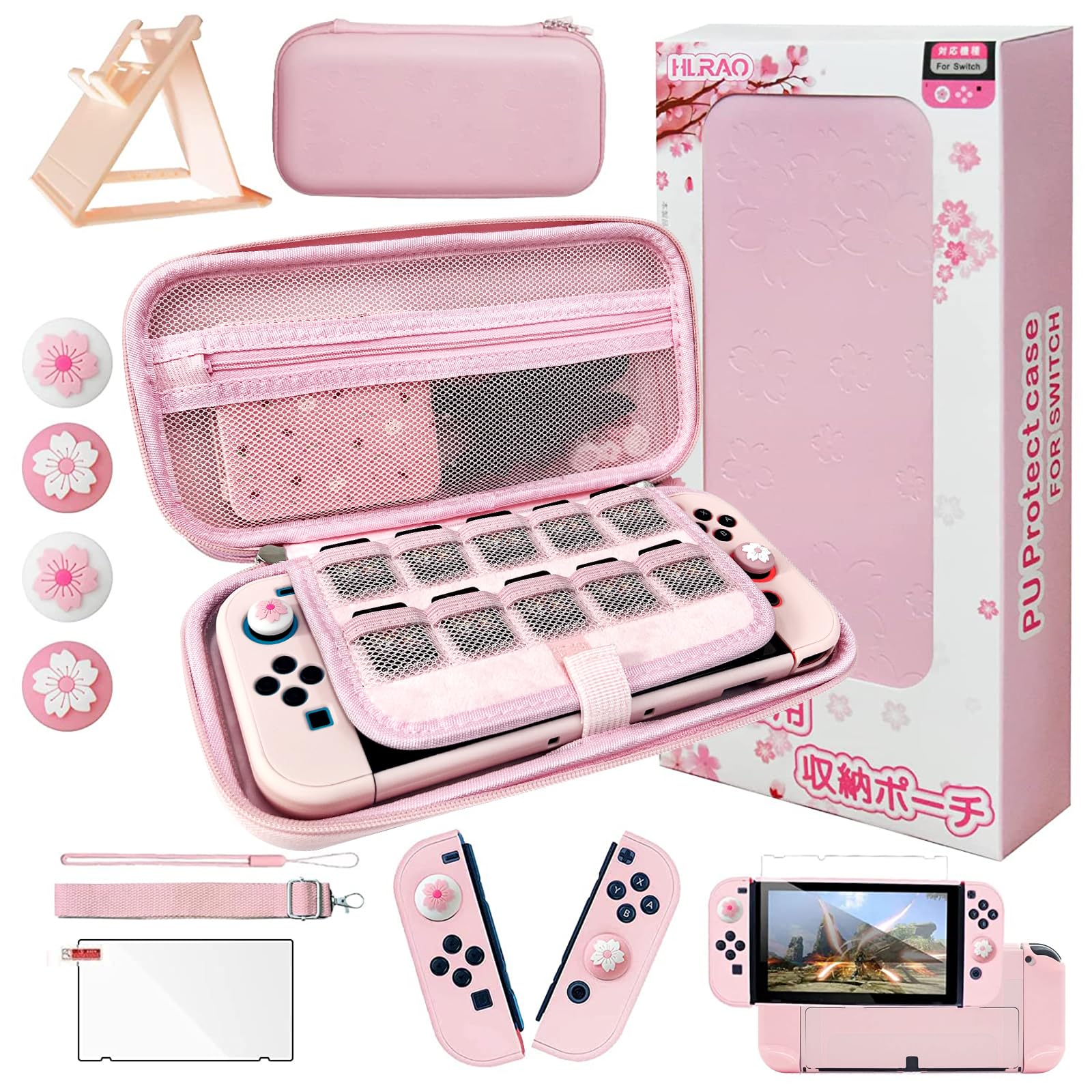 HLRAO Pink Tpartyl Carrying Case Accessories Kit Compatible with Nintendo Switch OLED.Pink Switch OLED Hard Protective Cover Adjustable Stand Screen Protector & Cute Thumb Grips 10 in 1 Gift.