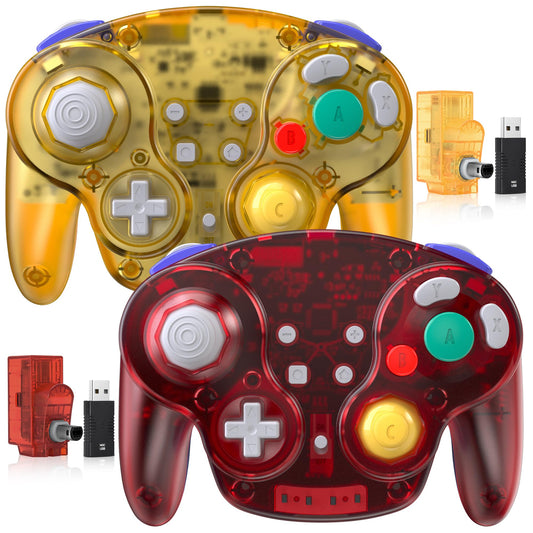 2 Pack 2.4 GHz Wireless GameCube Switch2 Pro Controller  for NGC GameCube Console  Switch2 / Switch2 OLED/ Switch2  PC  Steam Deck  PC (Built-in Rumble) (Rechargeable) (Plug and Play) Clear Yellow/Red