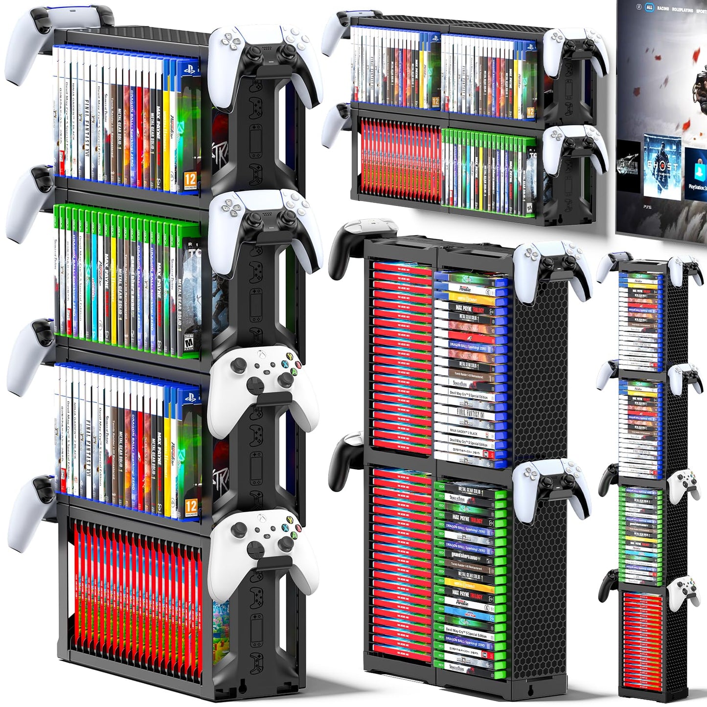 Kytok Video Game Disc Rack Tower Video Game Storage Universal for PS5/PS4/ XBOX One/Series/Nintendo Switch Game  Game Organizer Shelf Display Stand for Wall Mount/Desk/Floor with Controller Holder