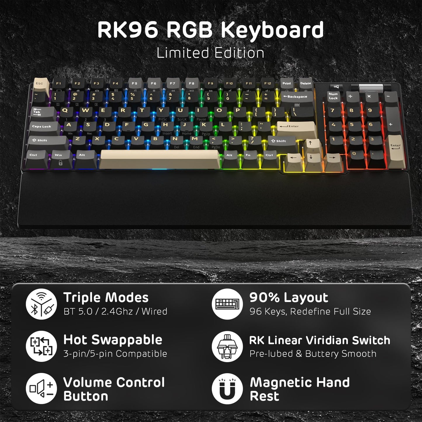 RK ROYAL KLUDGE RK96 90% Wireless Mechanical Keyboard - RGB, Hot Swappable, Linear Viridian Switch, Eclipse Black, Volume Control, Massive Battery