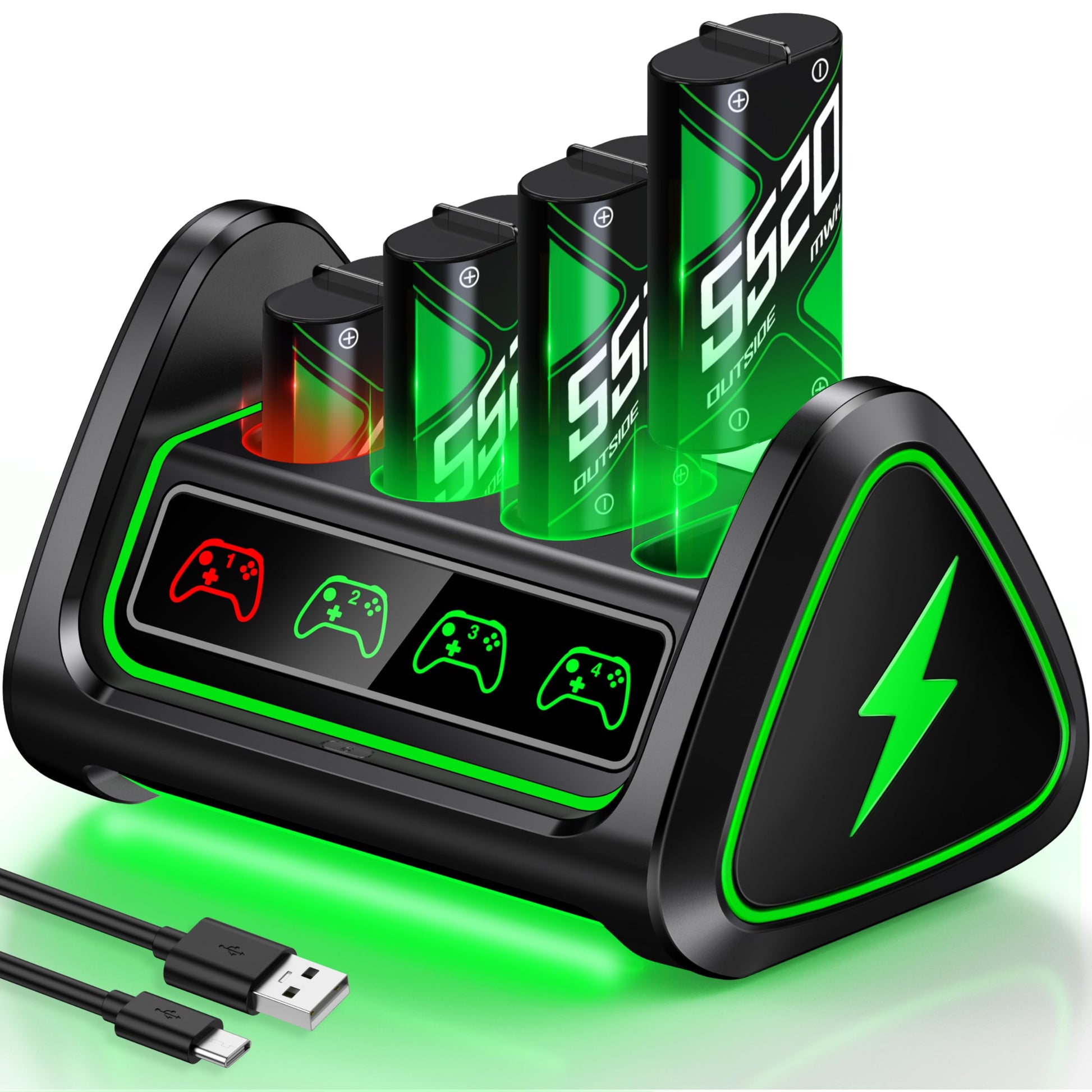 Upgraded Fast Charging Rechargeable Battery Packs with Light Control  4 x 5520mWh Xbox Replacement Batteries with Charger Dock/Storage for Xbox Series X|S  One S/X/Elite Controllers  Console Accessory