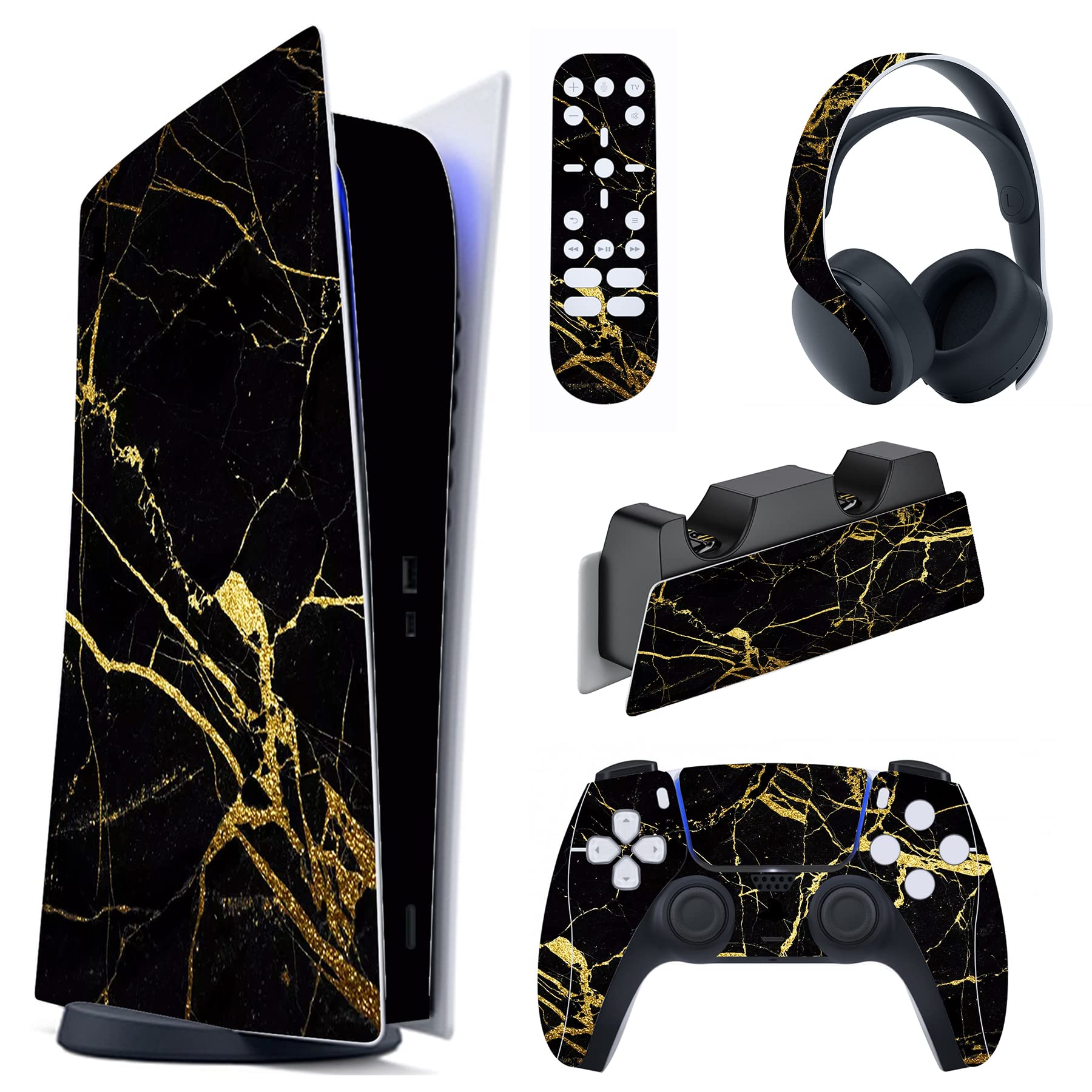 PlayVital Black & Gold Marble Effect Full Set Skin Decal for ps5 Console Digital Edition  Sticker Vinyl Decal Cover for ps5 Controller & Charging Station & Headset & Media Remote