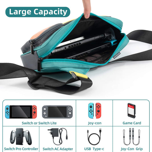 GeekShare Large Capacity Nylon Travel Case for Nintendo Switch - Green & Yellow Color Contrast, Model Case-Bag, Portable Storage for Games & Accessories