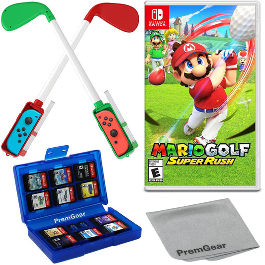 Mario Golf: Super Rush for Nintendo Switch (US Version)  with Golf Clubs for Joy-Con Controllers (2 pack  Red & Green)  24 Slot Game Card Holder & Cleaning Cloth