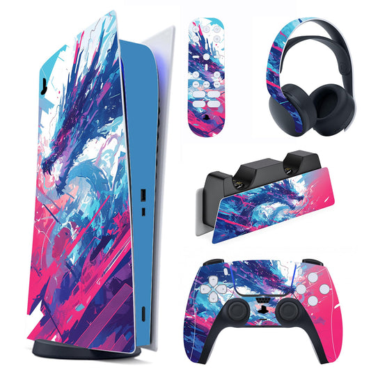 PlayVital Full Set Skin Decal for ps5 Console Digital Edition  Sticker Vinyl Decal Cover for ps5 Controller & Charging Station & Headset & Media Remote - Neon Dragoon