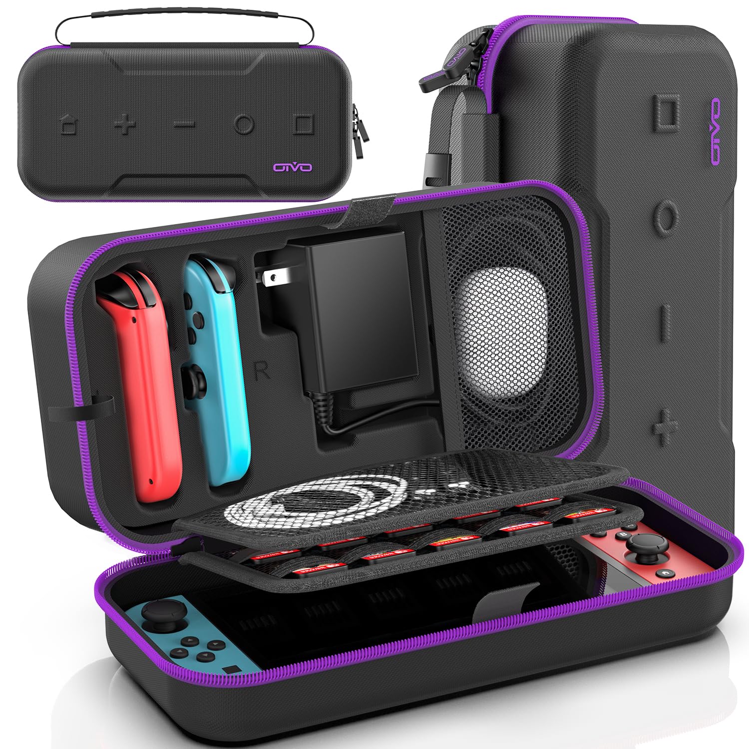 Switch Carrying Case Compatible with Nintendo & OLED  Portable Switch Travel Carry Case Fit for Joy-Con and Adapter  Hard Shell Protective OLED Pouch Bag with 20 Games  Purple