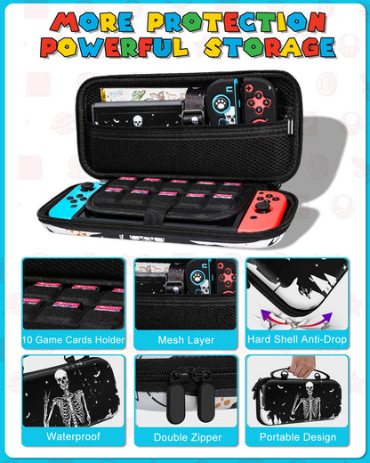 Gurgitat 9in1 Skull Skeleton Switch Case for Nintendo Switch - Black, Includes Thumb Grips, Game Holder, Dockable Skin, Shoulder Strap, Sticker