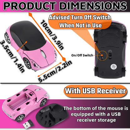 HuGuWdy Pink Wireless Car Mouse - 2.4G USB Receiver, Optical Mouse for PC/Laptop/Tablet, Compatible with Win & Mac, Stylish Pink Design