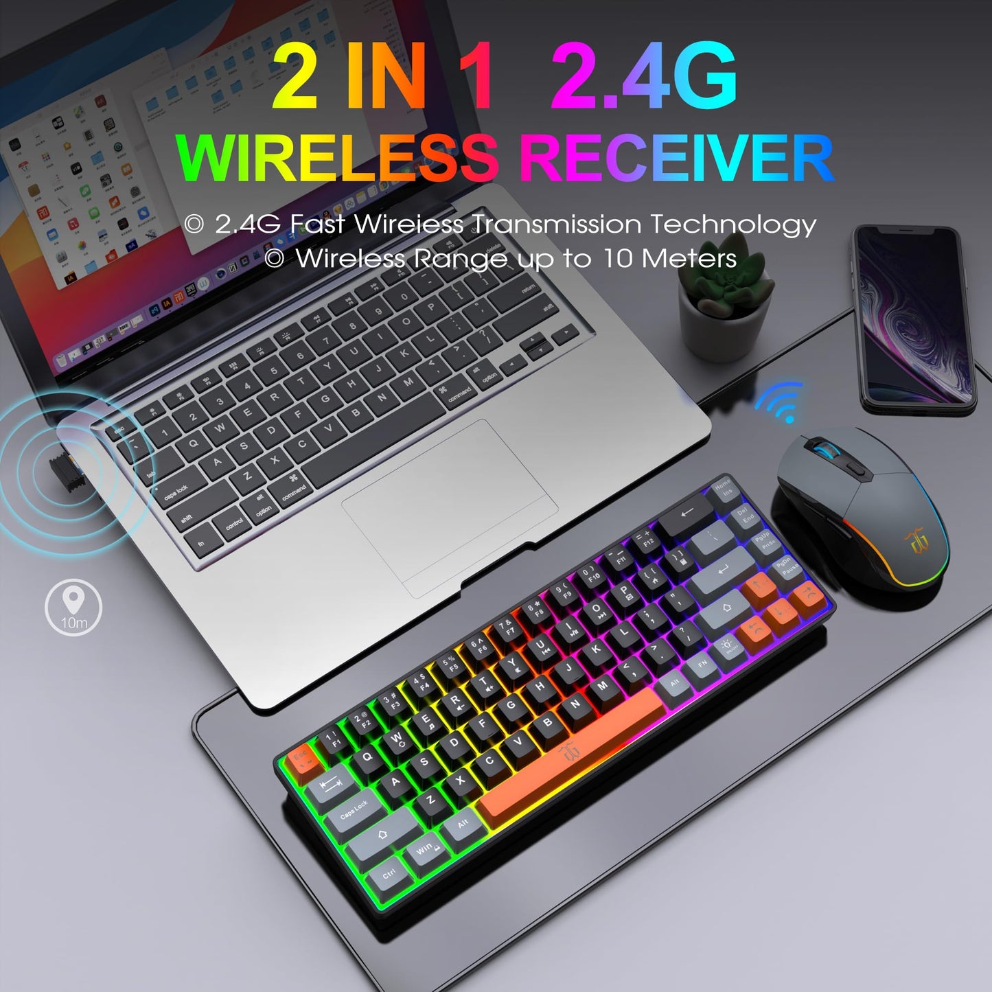 Snpurdiri 60% Wireless Gaming Keyboard & Mouse Combo, RGB Backlit, Rechargeable 2000mAh Battery, Gray-Black-Orange