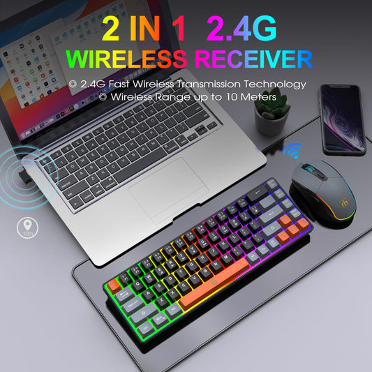 Snpurdiri 60% Wireless Gaming Keyboard & Mouse Combo, RGB Backlit, Rechargeable 2000mAh Battery, Gray-Black-Orange