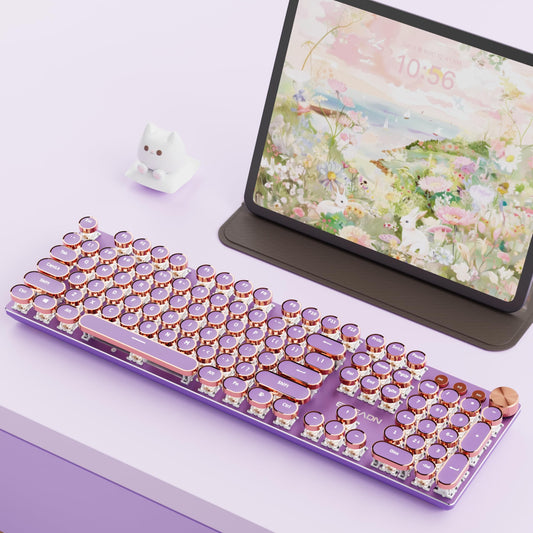 EWEADN V20 Typewriter Keyboard Wireless  104 Keys Typewriter Style Mechanical with White Backlit  Media Knob  Pink Switch 2.4G/Bluetooth/USB-C Wired Retro Full Size Keyboard for Windows/Mac/PC-Purple