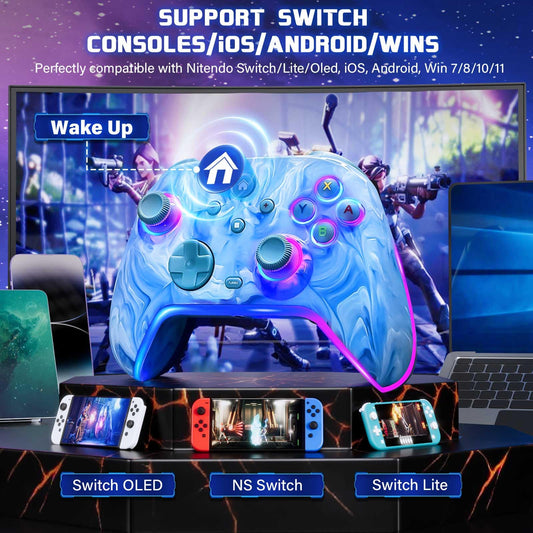 JAVRUNWOF Wireless Pro Controller for Switch - 1200mAh, RGB Lights, Programmable, Glacier Cyan