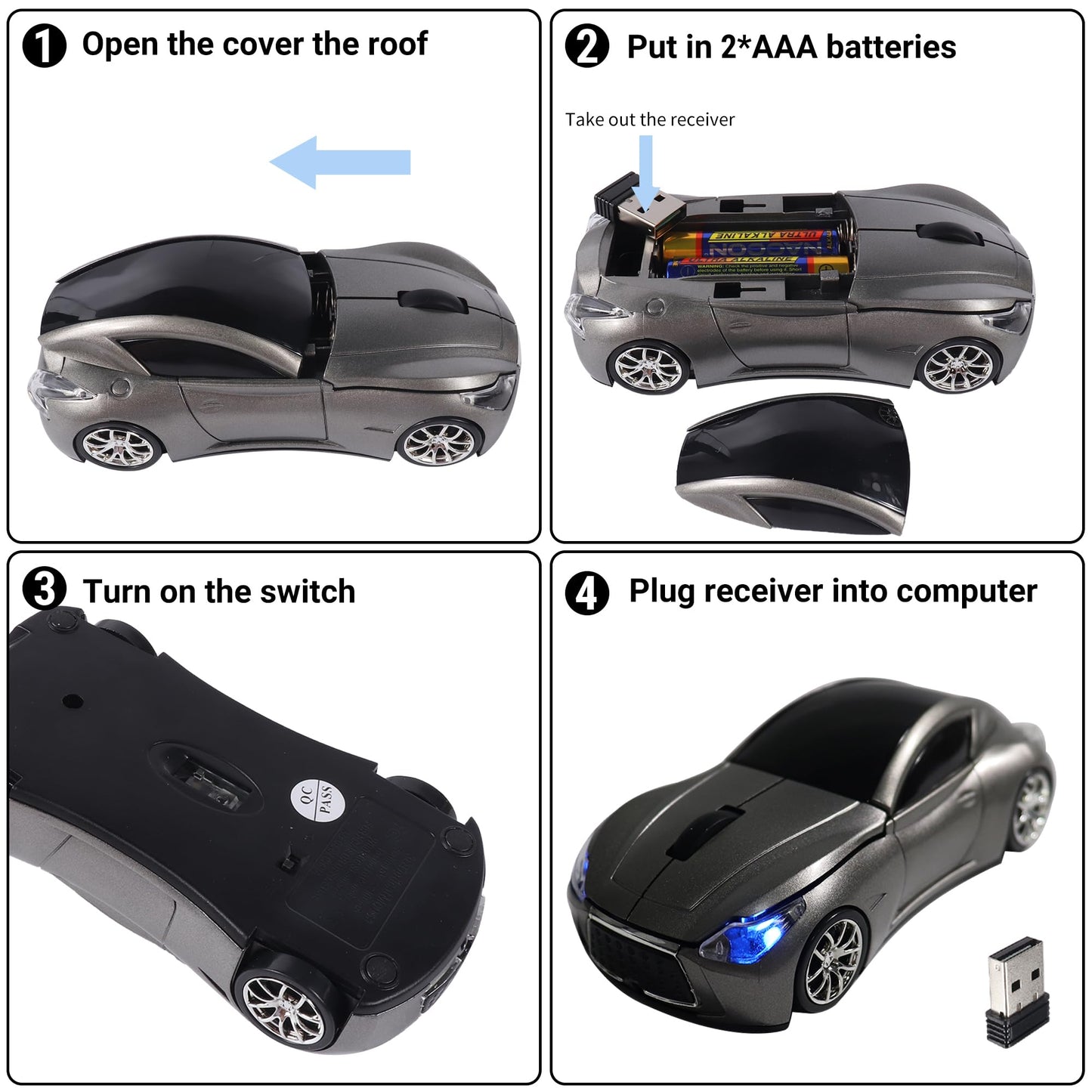 elec Space Wireless Car Mouse - 2.4G, 1600 DPI, Cute Design, LED Headlights, Grey Color for Kids, Ideal for Laptop & PC