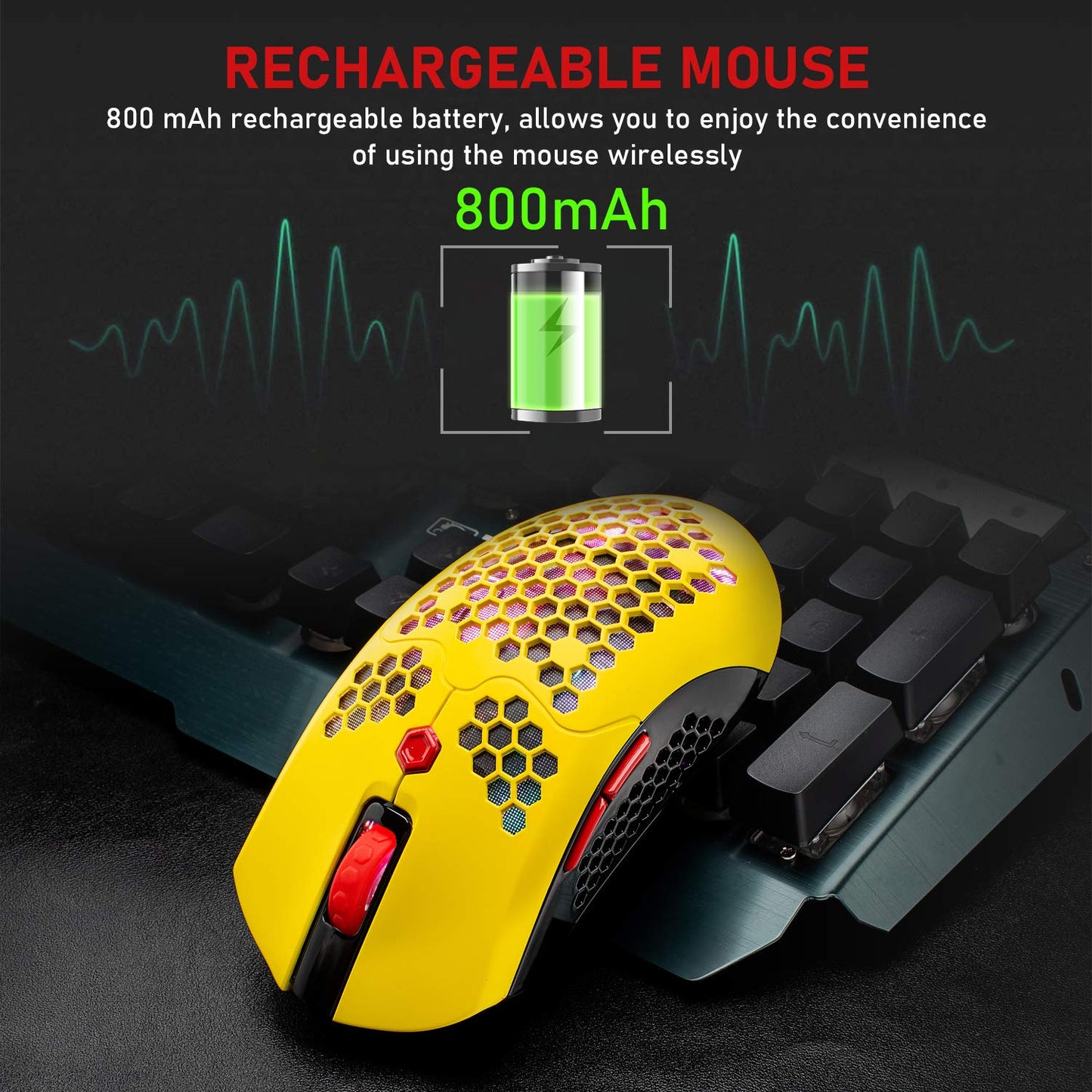 ZIYOU LANG Wireless Gaming Mouse - 16 RGB Backlit, Ultralight, 12000 DPI, Rechargeable, Honeycomb Shell, Yellow