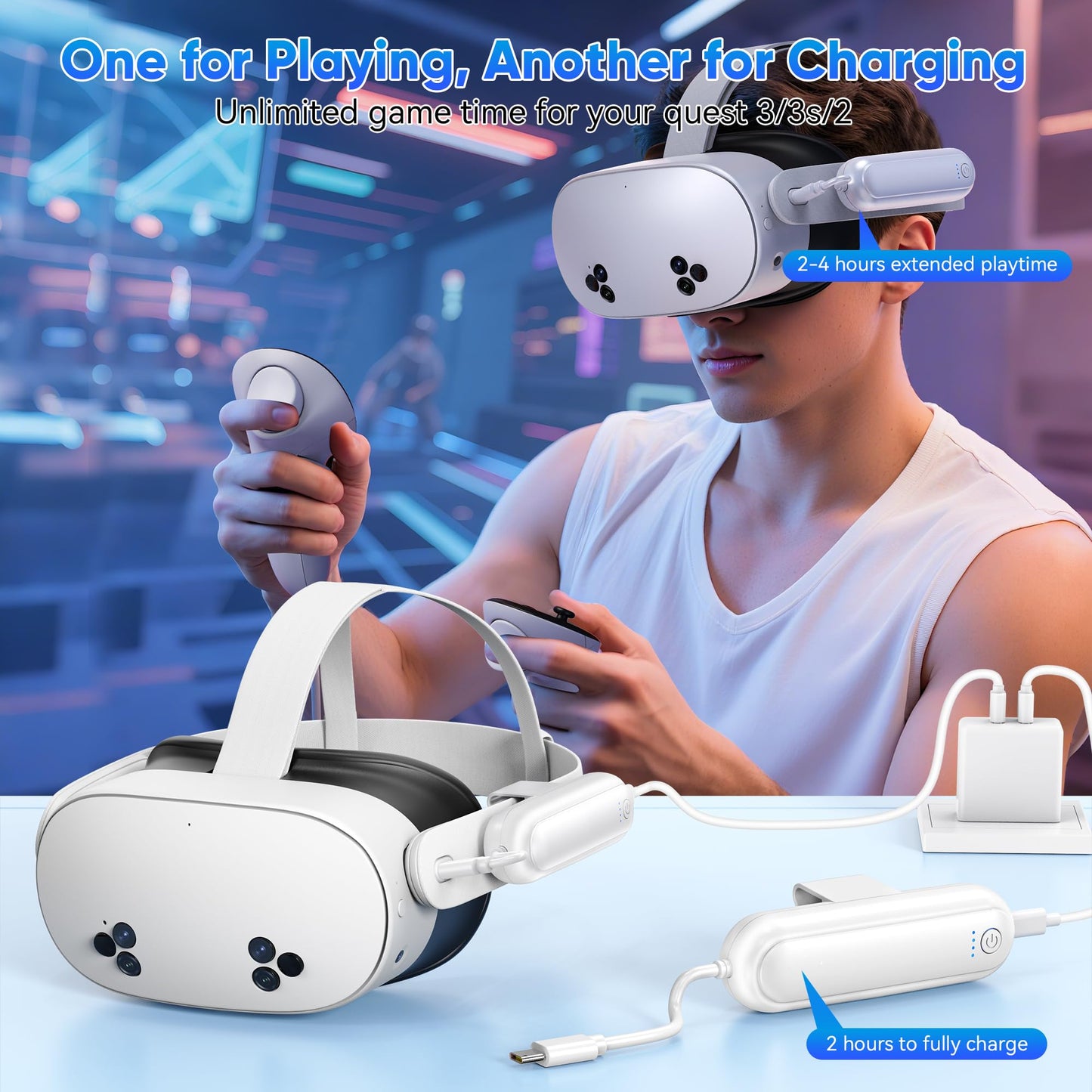 YUANHOT 2 Pack 20000mWh Battery Pack for Meta Quest 3S/3/2, 18W Fast Charger, Lightweight, White, Model MQ3-6W