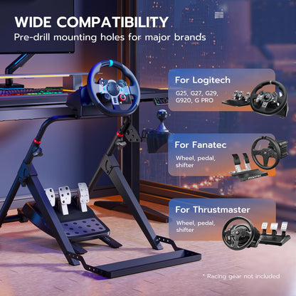 ARES WING Foldable Sim Racing Wheel Stand with Chair Fixing Slot, Black, Compatible with Fanatec, Thrustmaster, Logitech, Model GRS1005BK