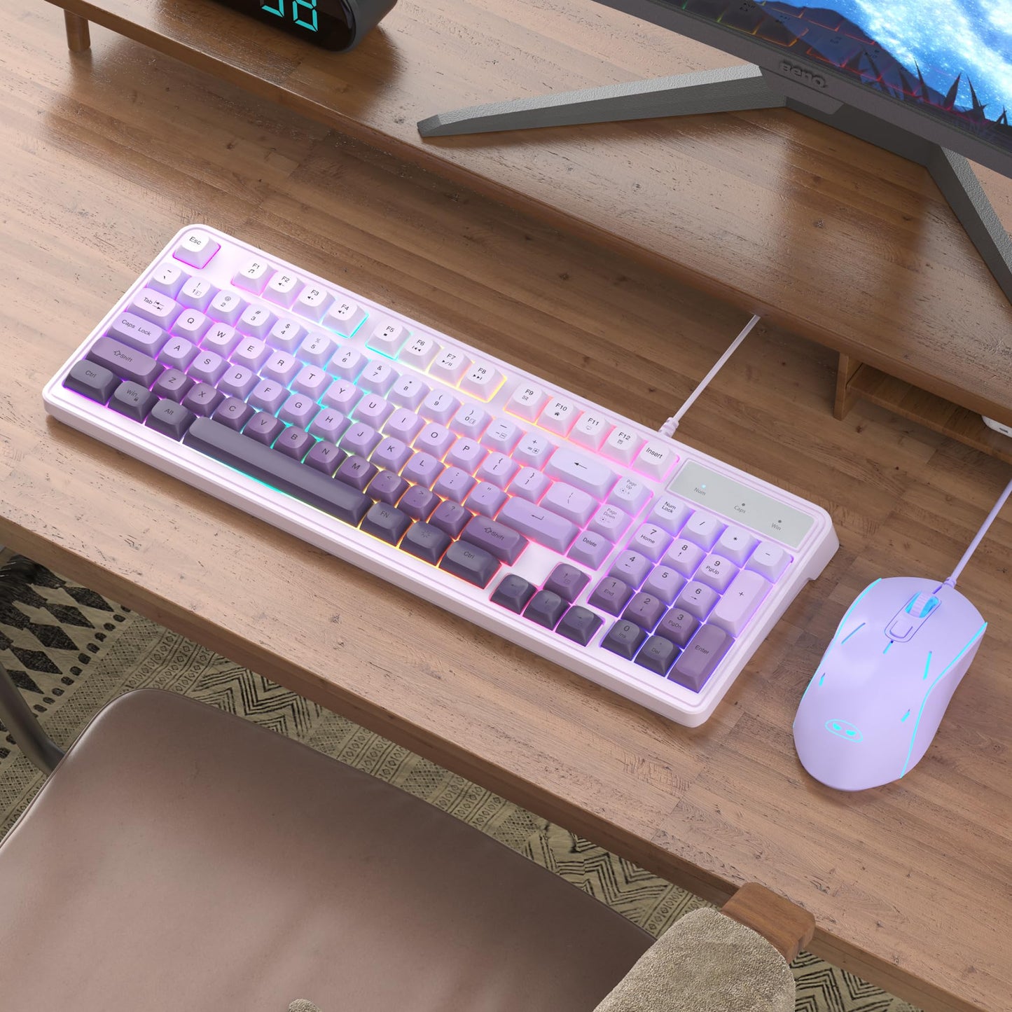 MageGee RGB Backlit Keyboard and Gradient Purple Gaming Mouse Combo, Wired, White Purple