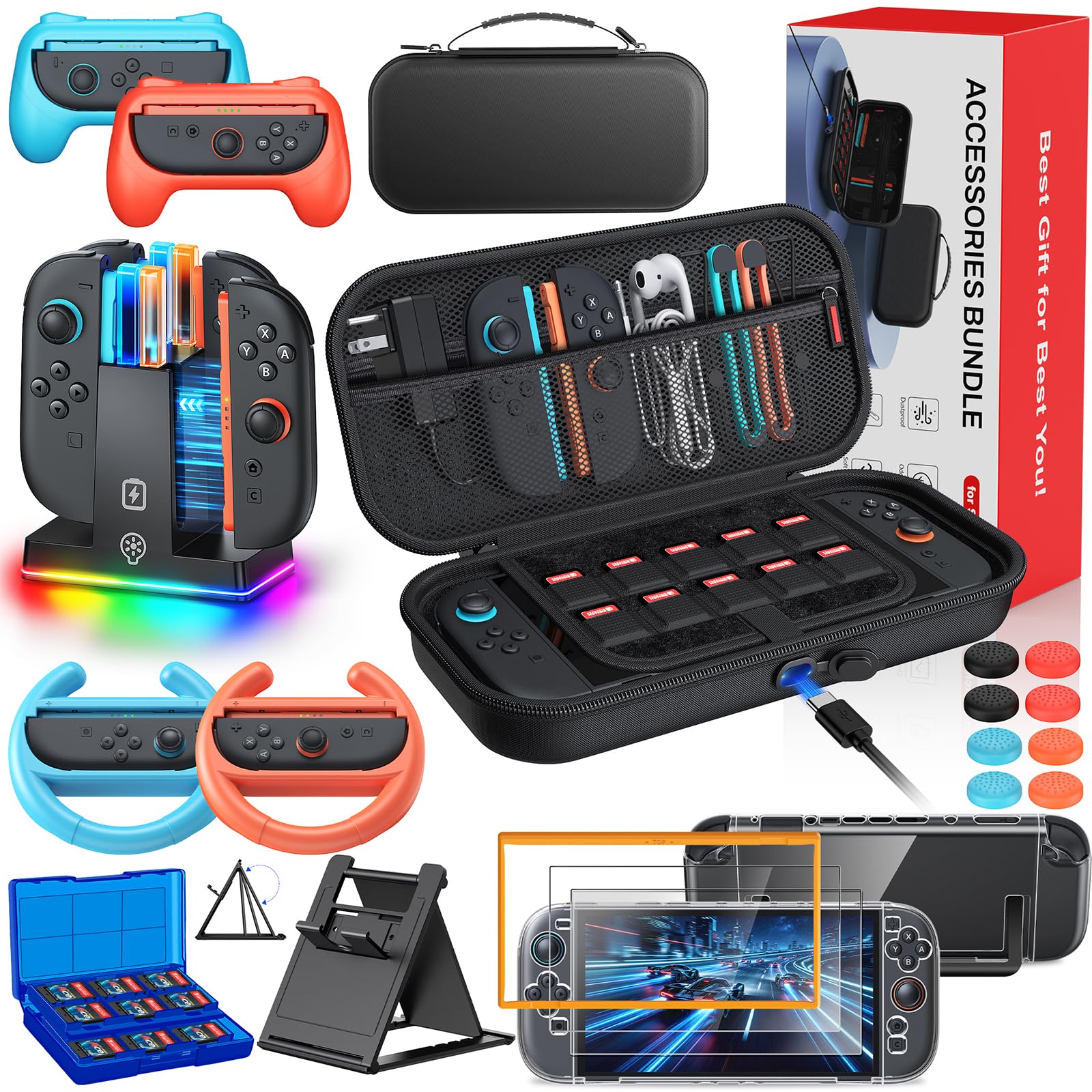 Auarte [Charge Inside] Switch 2 Carrying Case for Nintendo Switch 2 Console 2025 / Switch Original/Switch OLED  Slim Travel Carry Case for Switch 2 Accessories with 10 Game Card Storage (Black- 23 in 1)