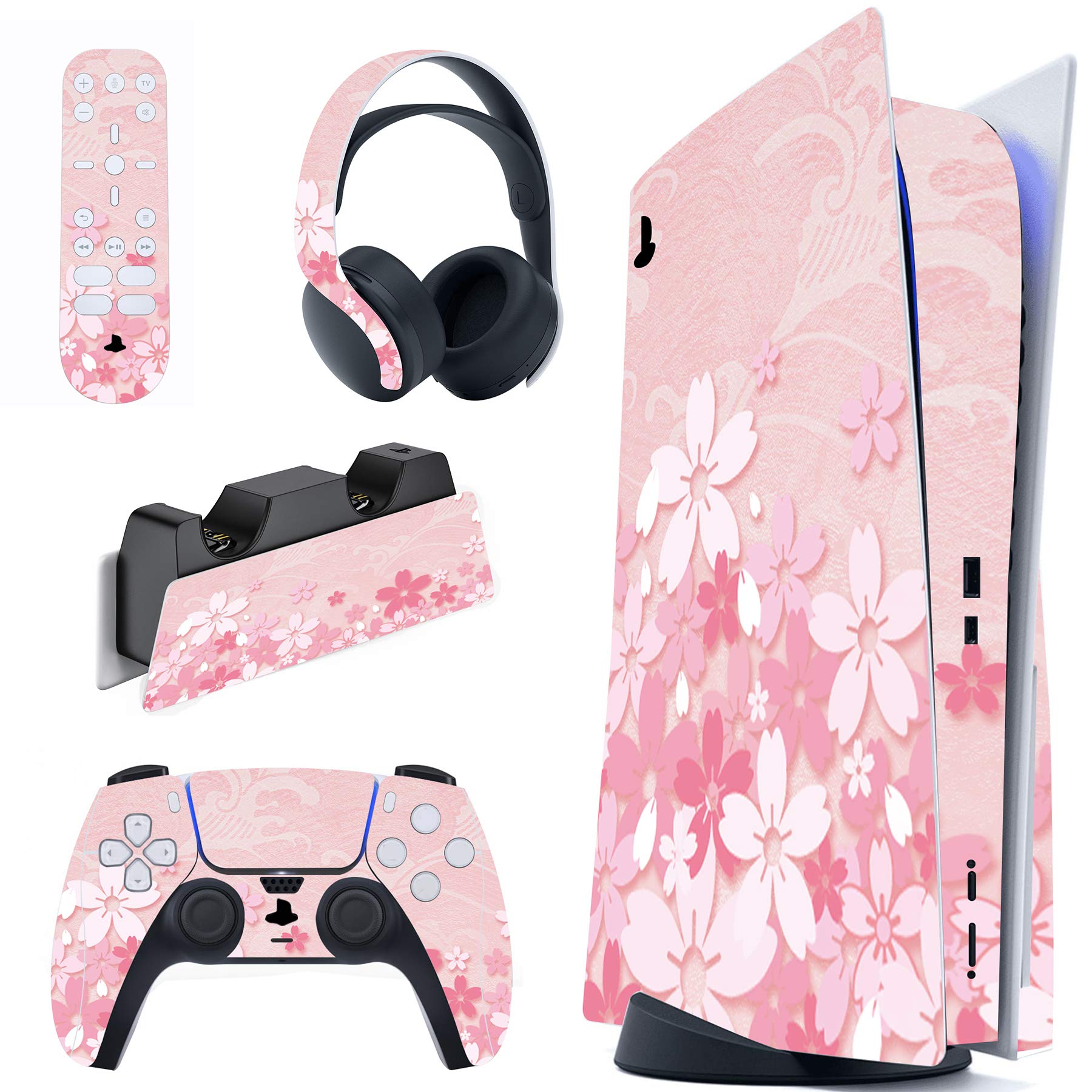 PlayVital Cherry Blossoms Petals Full Set Skin Decal for ps5 Console Disc Edition  Sticker Vinyl Decal Cover for ps5 Controller & Charging Station & Headset & Media Remote