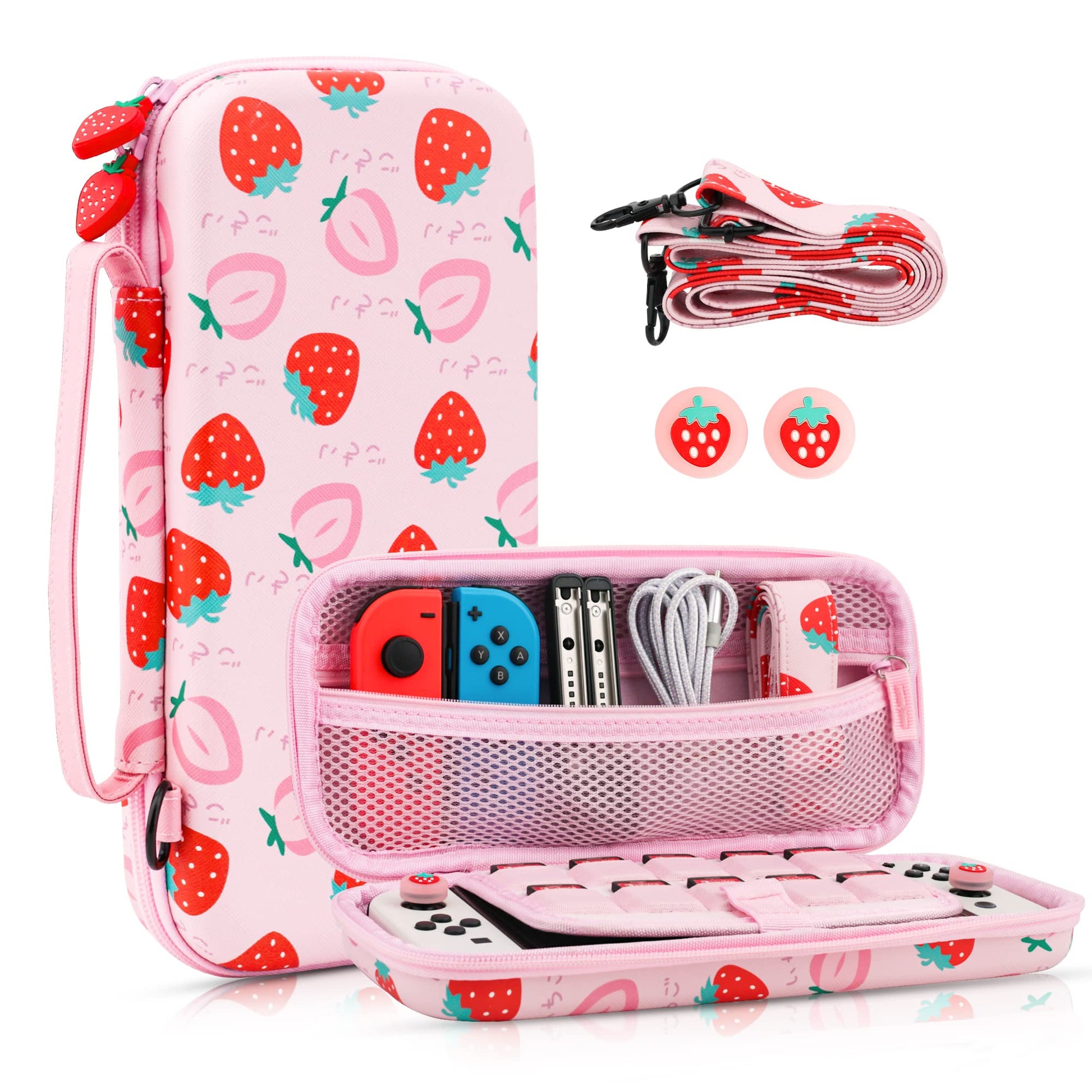 FANPL Carrying Case for Nintendo Switch & Switch OLED  Pink Strawberry Travel Case with Adjustable Shoulder Strap  Hard Shell  Thumb Grips  Anti-Scratch