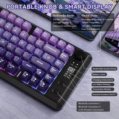 ZIYOU LANG M75 Wireless Gaming Keyboard, RGB Backlit, Rechargeable 2000mAh, PBT Keycaps, Grape Purple