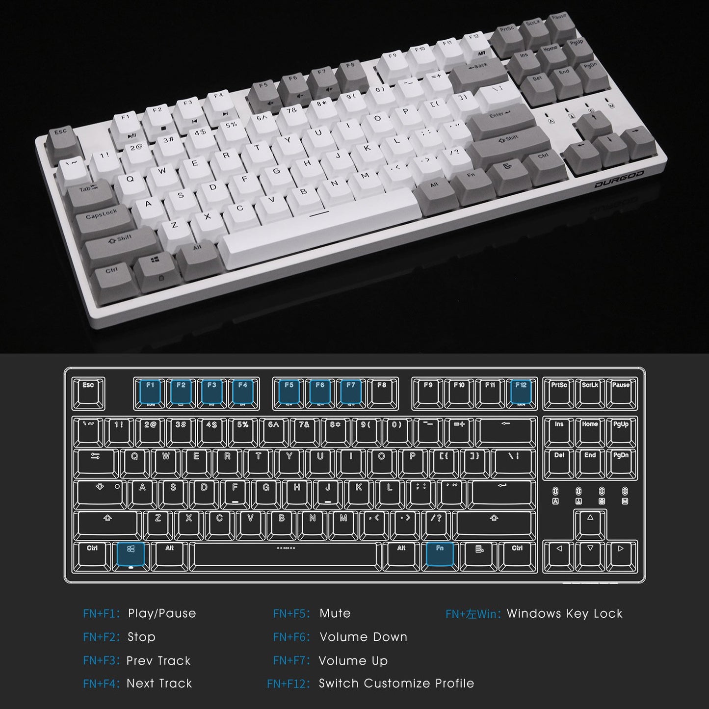 DURGOD Taurus K320 TKL Mechanical Gaming Keyboard - 87 Keys, NKRO, USB Type C, Cherry Red Switches, White
