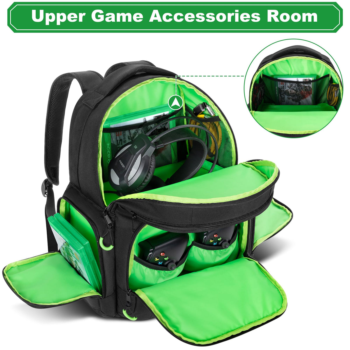 PGmoon Carry Backpack for Xbox Series X/S - Large Green Case with Storage for Console, Headset & Controllers - Model CAPG00501