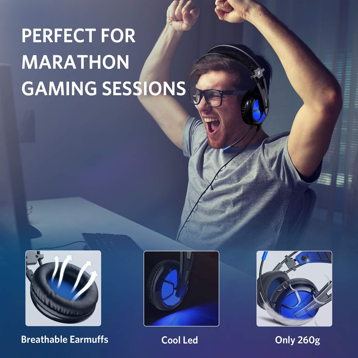 ABKONCORE B581 USB Gaming Headset - 7.1 Surround Sound, Noise-Cancelling Mic, LED RGB Light, Memory Foam, Blue