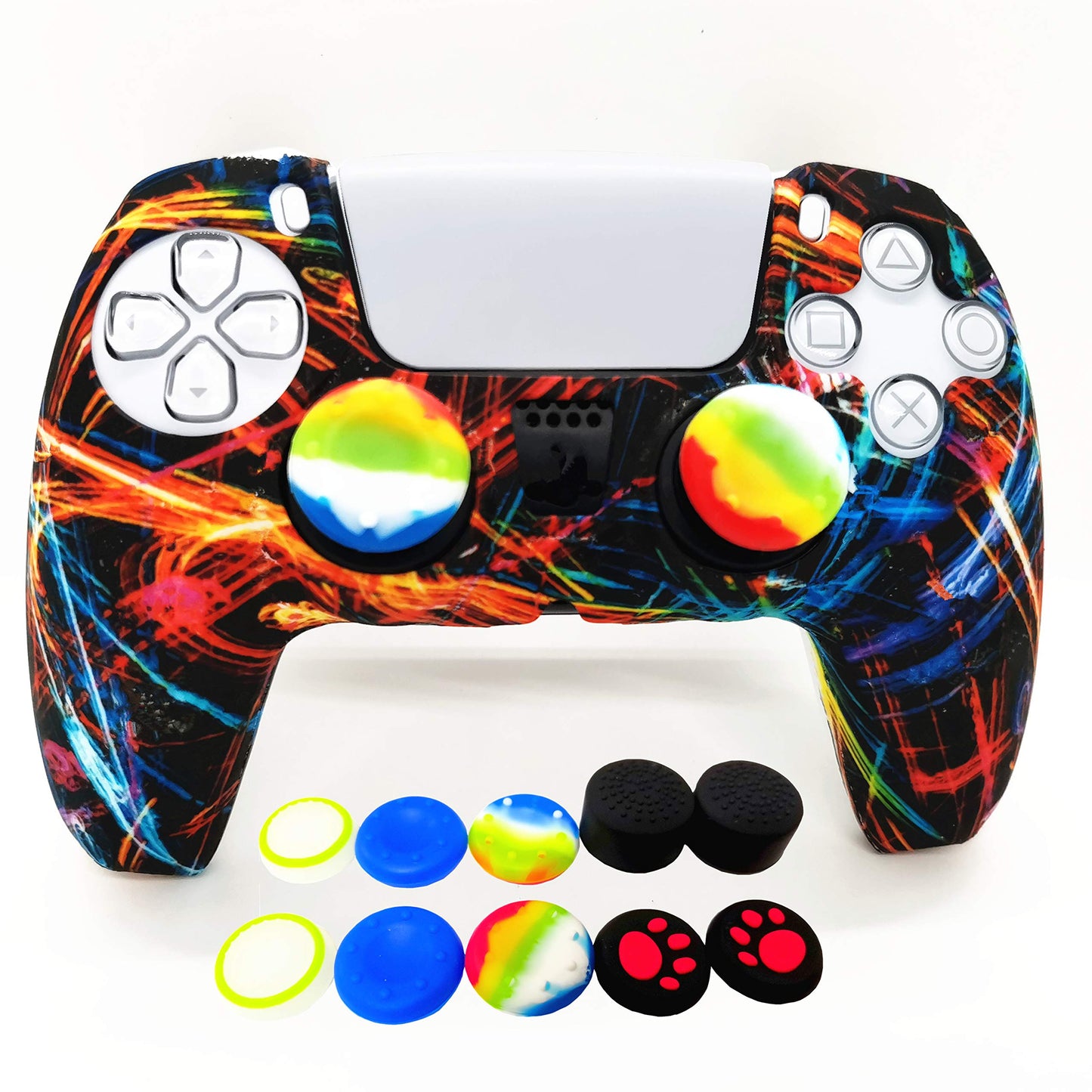 Skin for PS5 Controller Grips  Silicone Case Cover for PlayStation 5 Anti-Slip Protector with 10pcs Thumb Joysticks Caps (Fireworks)