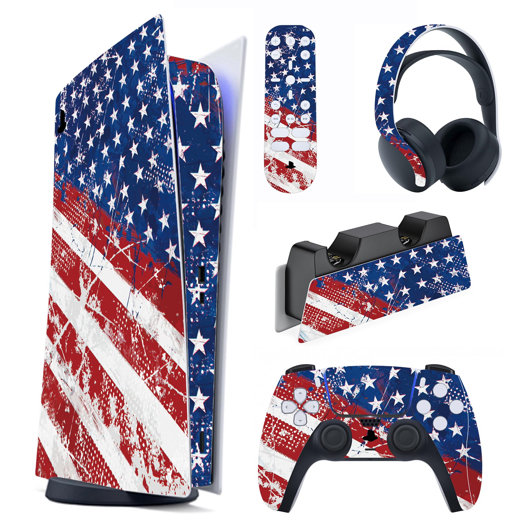 PlayVital Full Set Skin Decal for ps5 Console Digital Edition  Sticker Vinyl Decal Cover for ps5 Controller & Charging Station & Headset & Media Remote - Impression US Flag