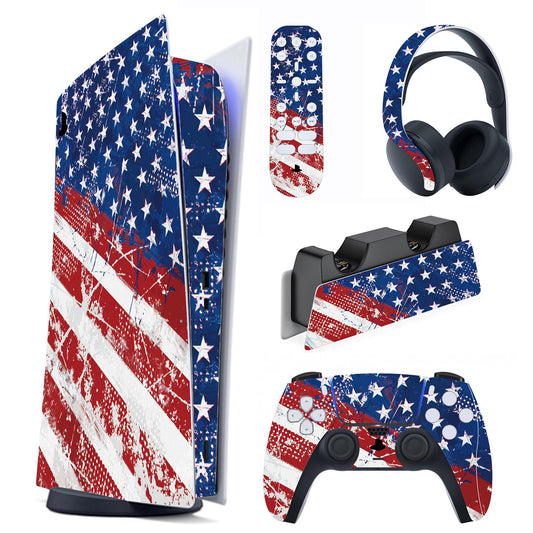 PlayVital Full Set Skin Decal for ps5 Console Digital Edition  Sticker Vinyl Decal Cover for ps5 Controller & Charging Station & Headset & Media Remote - Impression US Flag