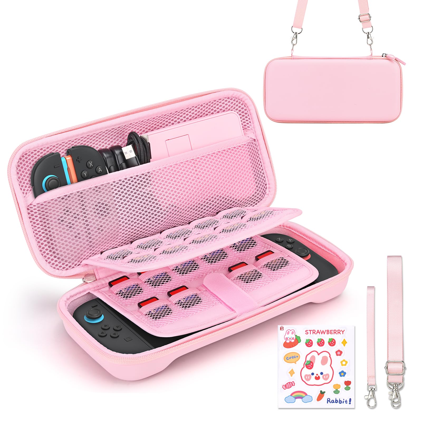 Younik Switch 2 Case Compatible with NS Switch 2 (2025)  Carrying Case with 19 Game Card Slots  4 in 1 Switch 2 Accessories Includes Shoulder Strap  Wrist Strap & Stickers (Pink)