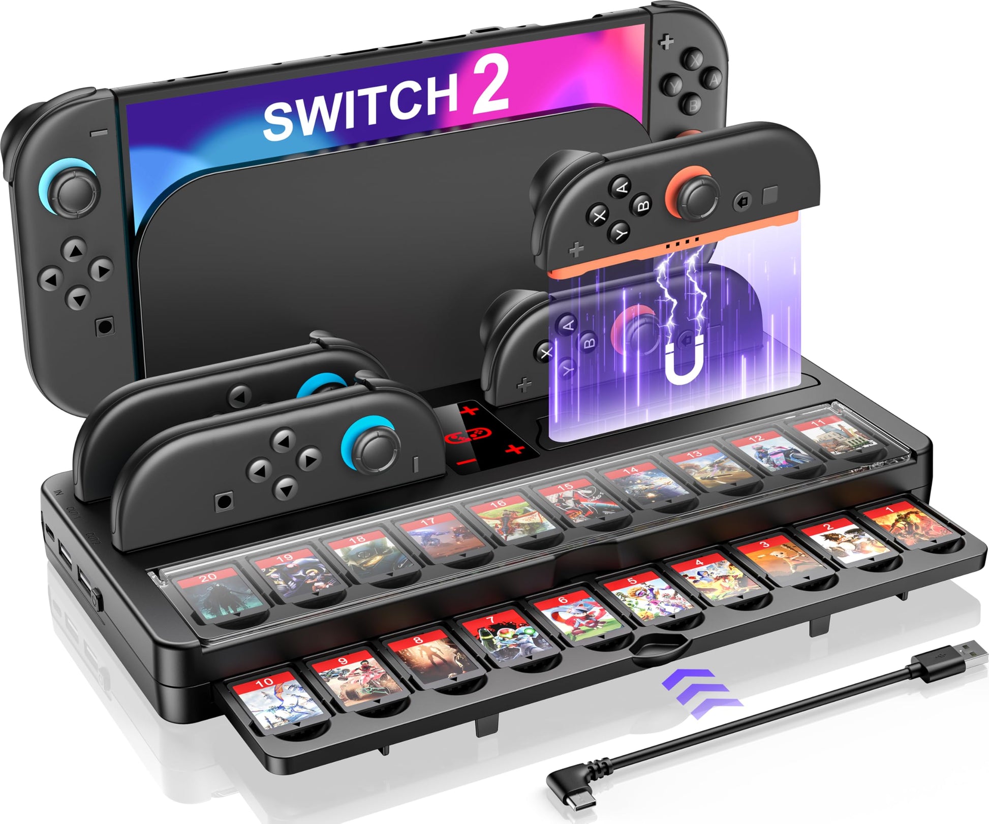 Switch 2 Game Organizer & Charging Station - Charges 4 Joy Cons & Stores 20 Game Cards | Joy-Cons Controller Charging Dock with Sync USB | Compatible Only with Nintendo Switch 2 (2025)