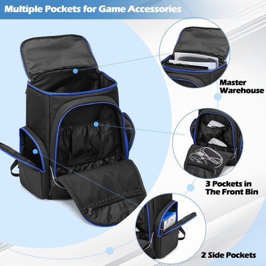 Trunab Gaming Console Backpack for PS5/PS4/Xbox One, Large Nylon Travel Bag, Blue Zip, Model TN04403